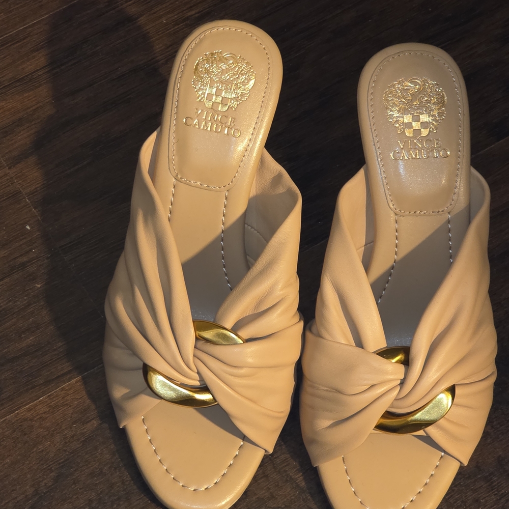 Vince Camuto Beige Mules with Gold Accent